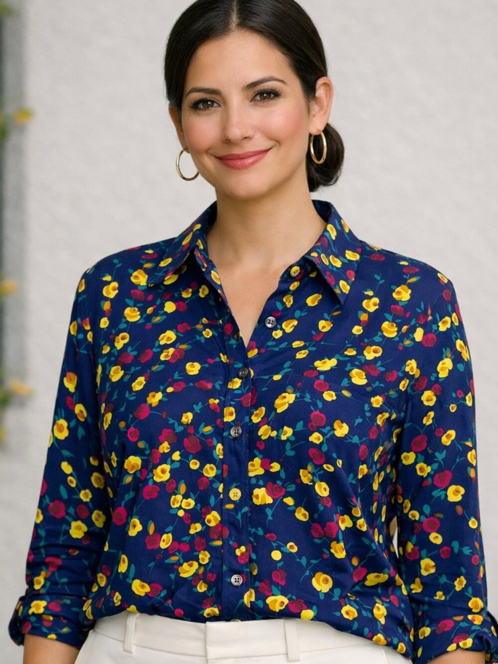 Talbots  Navy with Florals Long Sleeved  Button Down Dressy Blouse Top Size XP